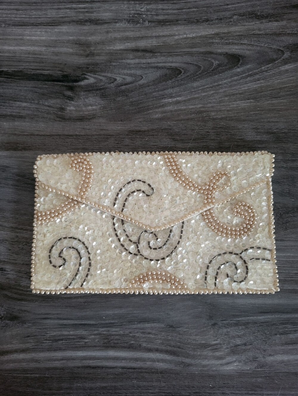 Vintage Embellished Ivory Sequin & Pearl Clutch Japan MCM